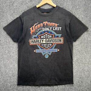 Vintage 3D Emblem Shirt Mens Black 90s 1991 Hard Times Harley Davidson USA Biker
