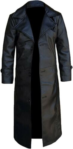 Men's Real Leather Long Winter Trench Coat Full Length Duster Black Overcoat US