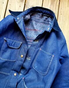 Vtg WRANGLER BLUE BELL Denim Chore Work Jacket Coat 42 Blanket Lined THRASHED