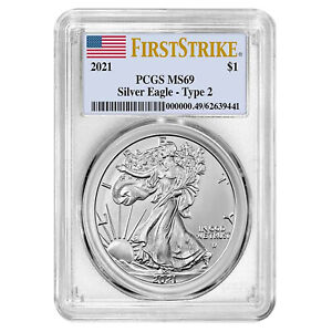 2021 $1 American Silver Eagle FIRST STRIKE MS-69 PCGS- TYPE 2