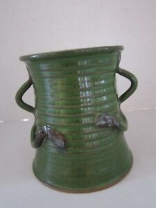 Studio Pottery Vase Pencil Brush Holder. Green Ceramic. Artist Signed. 5.5