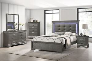 Transitional Gray King Size Bed w LED Dresser Mirror Nightstand 4pc Set Bedroom