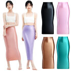 Women Oil Shiny Glossy Long Skirts Hip Wrap Smooth Stretch Casual One Step Skirt