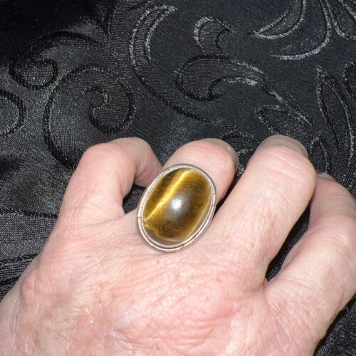 Sterling Silver Oval Tiger's Eye Large Cabochon Ring, Size 6