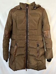 Nicole Benisti Brown Leather-Trim Down Insulated Puffer Parka Hooded Coat sz XS
