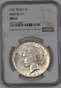 1921 High Relief Peace Silver Dollar $1 - NGC MS62 -