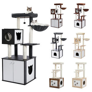 Cat Tree Tower Cat Litter Box Enclosure Wood Condo Furniture Bed for Large Cats