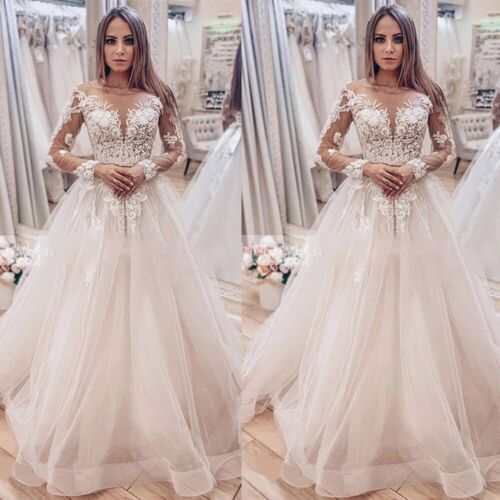 Long Sleeve Wedding Dresses A Line White Ivory Bridal Gowns with Lace Appliques
