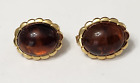 VINTAGE GOLD CLIP EARRINGS SIGNED AVON BROWN FAUX AMBER OVAL LUCITE CABOCHONS