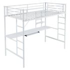 Twin Size Metal Loft Bed with Desk and Storage Shelves, White