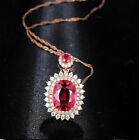 2.50Ct Oval Cut Red Ruby Double Halo Pendant 14K Rose Gold Finish Free Chain