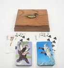 Vintage Wood Playing Card Holder Box With Brass Duck Figurine Lid