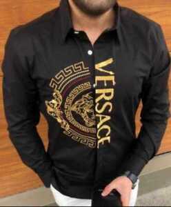 Mens Versace T Shirt Button Down Shirt Balck & Gold Embroidered Long Sleeve