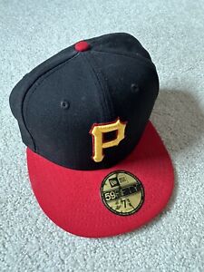 Pittsburgh Pirates Hat Cap Mens Fitted 7 5/8 Black Red Brim New Era MLB - READ