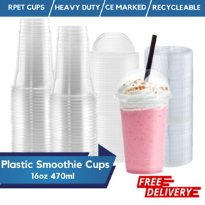 Disposable Plastic Smoothie Milkshake Cups + Lids 8oz 12oz 16oz 20oz Reusable