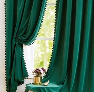 New ListingTreatmentex Pompom Velvet Green Curtains 95