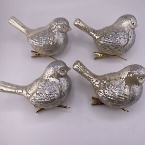 4 Silver Frosted Glitter Glass Bird Ornaments Clip-On Holiday Christmas Tree