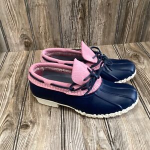 LL Bean Duck Boots USA Womens Size 8 Blue Pink Leather Waterproof Rubber Moc