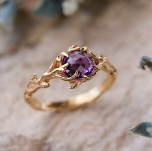 Round Cut Natural Amethyst 14k Rose Gold Plated On Silver Wedding Ring For Women