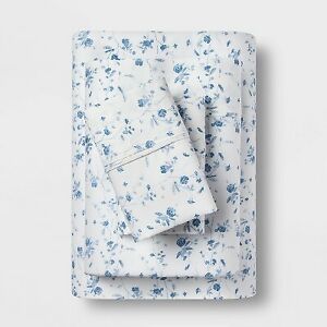 King 400 Thread Count Floral Print Cotton Performance Sheet Set White/Blue