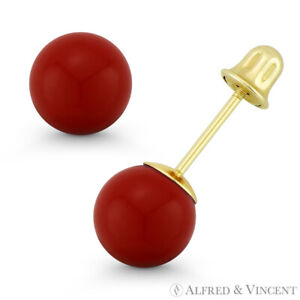 3to8mm Red Coral Ball Studs Screwback-Bell Stud Earrings in 14k 14kt Yellow Gold