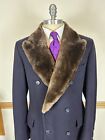 AWESOME CARDINAL CANADA DOUBLE BREASTED NAVY BLUE WOOL FUR COLLAR OVERCOAT 40L