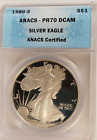 1986-S PROOF SILVER EAGLE ANACS PR70 DCAM FIRST YEAR OF ISSUE BLUE LABEL