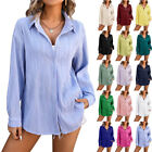 Womens Shacket Blouse Holiday Casual Loose Long Sleeve Buttons Lapel Tops Shirts