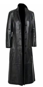 Womens Pure Leather Black Trench Coat Steampunk Gothic Long Coat Jacket Winter