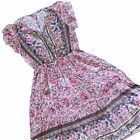 Boho Peasant Floral Pink A Line Summer Dress Cap Sleeves Size M