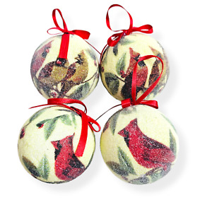 Cardinal Red Bird Sugared Christmas Ornaments 4 Piece Set 2 Inch Red Ribbon