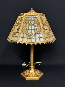 c1920’s E Miller Roses/ Floral Overlay Slag Glass Shade Electric Table Lamp Base