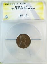 1928 S Lincoln cent ANACS XF45 *FS 501 large S* BR