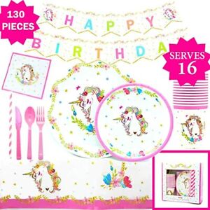 Unicorn Themed Birthday Party Plates Supplies Serve 16 Guest - 130 Pieces