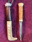 VINTAGE OLD HANDFORGED SAMI KNIFE w HORN /BONE / BIRCH HANDLE & SHEATH SWEDEN