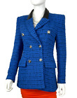 Zara 4 US 40 IT S Blue Tweed Blazer Jacket Coat Wool Faux Leather Runway Auth