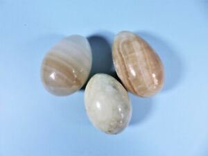 Hand Carved Onyx Crystal Quartz Eggs Polished Banded Veined Lot Of 3 Each Unique