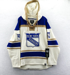 New York Rangers Hoodie Medium Mens White '47 Brand Superior Lacer Jersey Retro