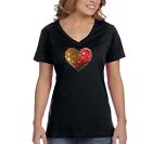 Womens Gold Red Heart Valentine's Reversible Flip Gift Sequin V-Neck T-Shirt