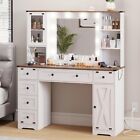 Farmhouse Makeup Vanity Desk with Mirror and Lights, Large Vanity Table (White)