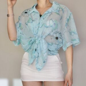 Vintage Blair Shirt Size XL Blue Button Up Sheer Floral Top Boho Cottage 90s