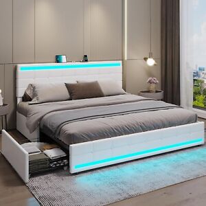 King Size Bed Frame with LED Lights & Storage Drawers White PU Leather Bed