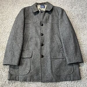 Vintage Pendleton Grey Wool Plaid Tweed Button Up Trench Coat Mens 52 Rare USA
