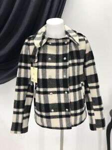 NEW Fidelity Pea Style Wool Black White Plaid Coat Jacket Small 46345