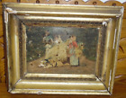 ROUGH Sm Antique Oil Painting On Board Civil War Soldier & Ladies By Hay Wagon