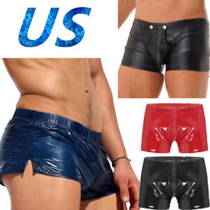 US Men's Wetlook Faux Leather Shorts Bulge Pouch Underpants Hot Pants Underwear