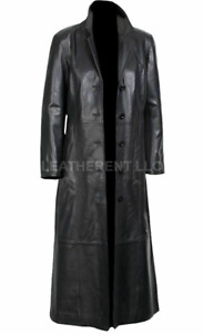 Men's New Casual Long Vintage Overcoat Classic Winter Black Leather Trench Coat