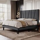 Full Upholstered Platform Bed Frame with Geometric Headboard and Wingback, Grey