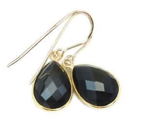 14k Solid Gold Black Spinel Earrings Bezel Teardrops Simple Pear Dangle Drops