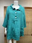 FENINI USA Pine Green 100% Linen 3/4 Sleeve Two Button Pullover Tunic Sz L